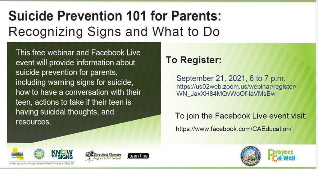 Suicide Prevention Webinar 9/21/21 from 6-7pm.