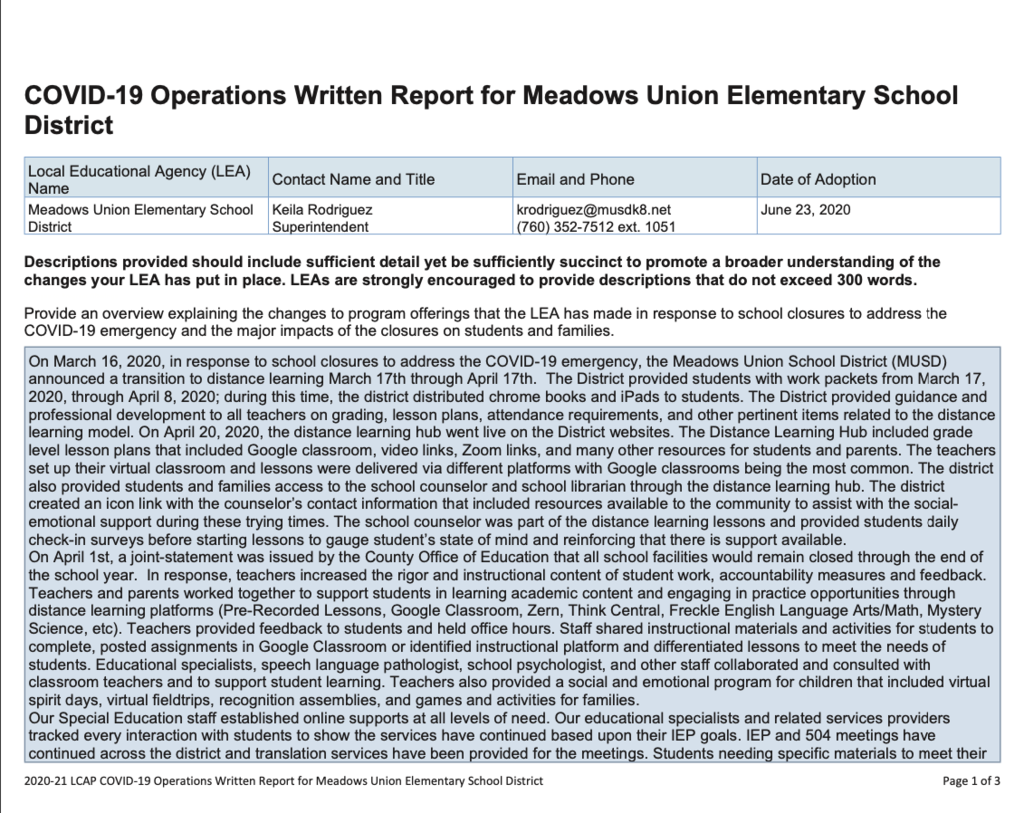 Meadows Union School District Covid-19 Operations Written Report 